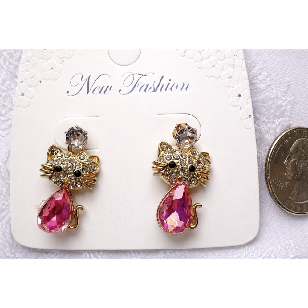 HELLO KITTY Pink Gold-Tone Rhinestone Bling Stud Dangle Earrings Colorful NEW